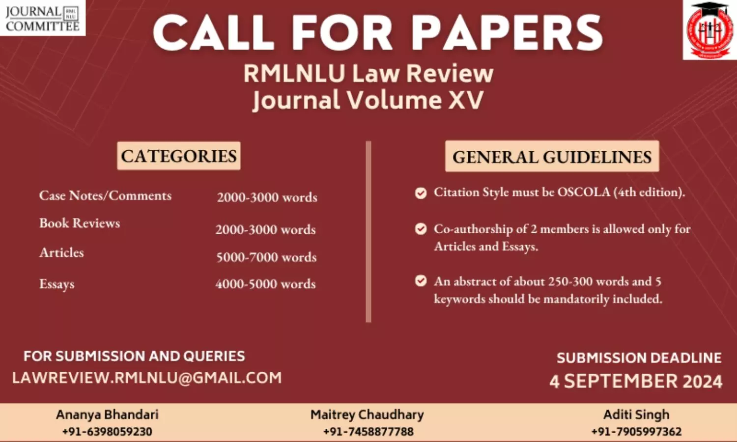 Call for Papers RMLNLU Law Review Volume XV 2024-25