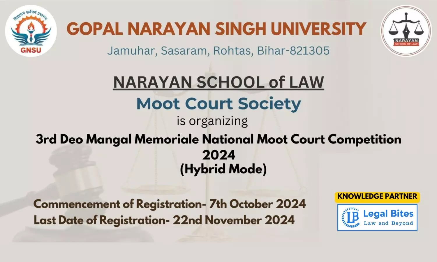 3rd Deo Mangal Memorial National Moot Court Competition by GNSU, Bihar [Prizes worth 73k]