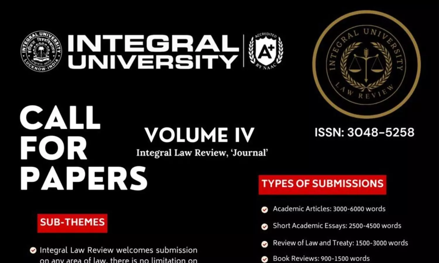 Call for Papers Integral Law Review Volume IV, May 2025  Integral University Lucknow