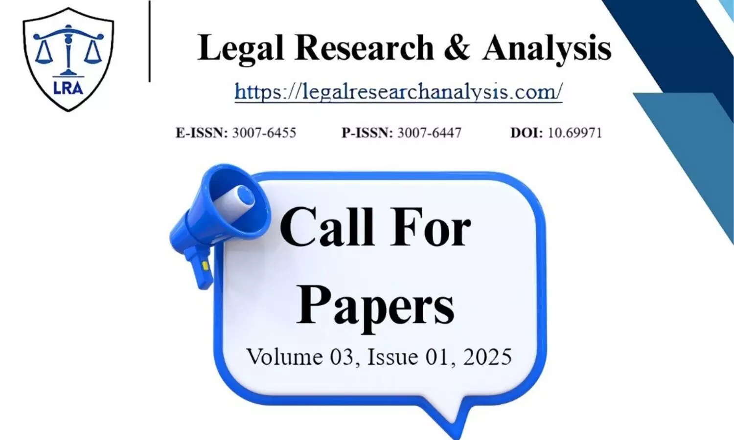 Call for Papers Legal Research & Analysis Journal Volume 3, Issue 1  ISSN 3007-6455