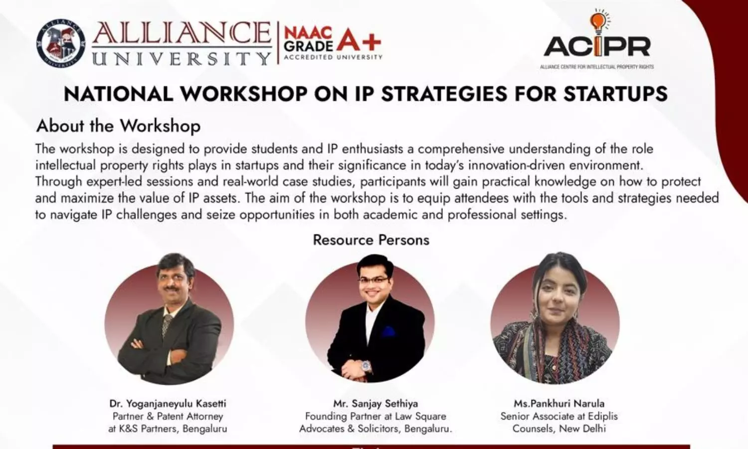 National Workshop on IP Strategies for Startups  Alliance School of Law